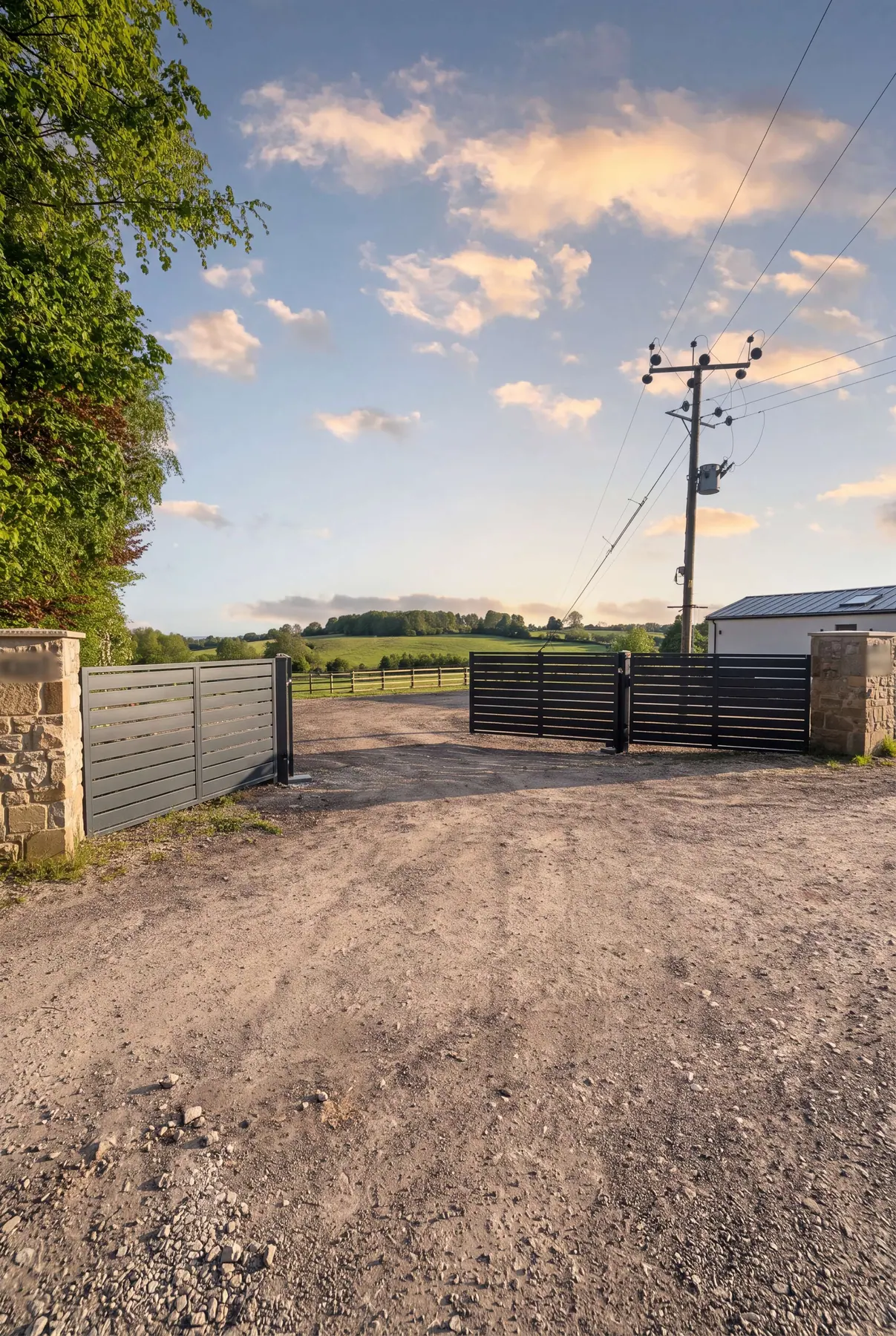 Grey slatted manual sliding gate on a rural driveway